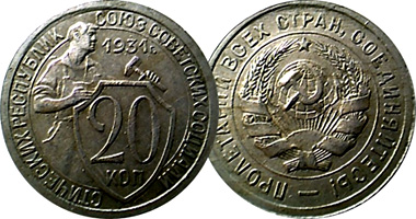 Russia 10, 15, and 20 Kopek 1931 to 1934