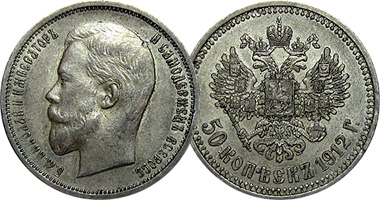 Russia 25 and 50 Kopeks and 1 Rouble 1895 to 1915