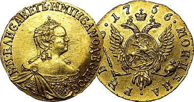 Russia Gold Poltina, Rouble, and 2 Roubles (Elizabeth) 1756 to 1758