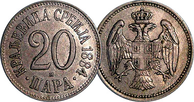 Serbia 2 Pare and 5, 10, and 20 Para 1883 to 1917