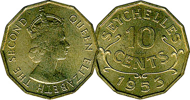 Seychelles 10 Cents 1952 to 1974