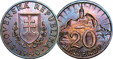 Czechoslovakia (Slovakia Republic) 20 Halierov (Bronze and Aluminum) 1940 to 1943