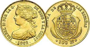Spain 20, 40, and 100 Reales 1850 to 1864