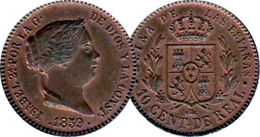 Spain 5, 10, and 25 Centimos de Real 1854 to 1864