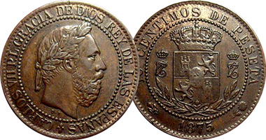Spain 5 and 10 Centimos de Peseta 1875