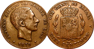 Spain 5 and 10 Centimos 1877 to 1879