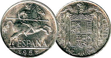 Spain 5 and 10 Centimos 1940 to 1953