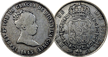 Spain 1, 2, 4, 10, and 20 Reales (Isabel) (Fakes are possible) 1837 to 1852