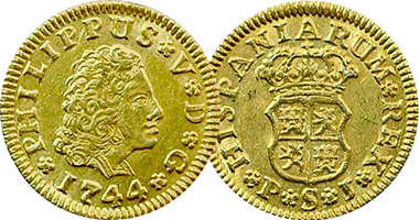 Spain 1/2, 1, 2, 4, and 8 Escudos (Philip V) 1729 to 1748