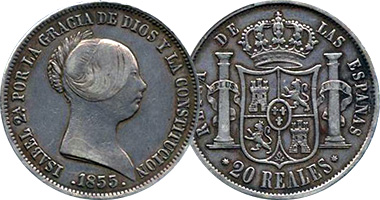 Spain 10 and 20 Reales (with Pillars) 1847 to 1864