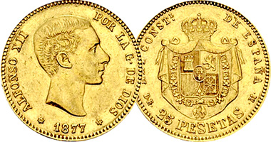 Spain 25 Pesetas 1876 to 1880
