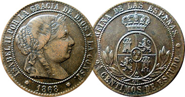 Spain 1/2, 1, 2 1/2, and 5 Centimos de Escudo 1865 to 1868