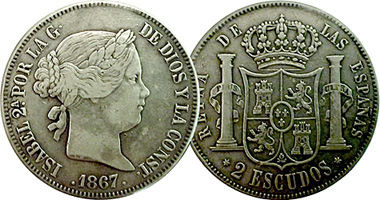 Spain 1 and 2 Escudos 1865 to 1868