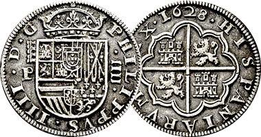 Spain 1, 2, 4, 8, and 50 Reales (Philip III, Philip IIII, Charles II) (Fakes are possible) 1607 to 1700