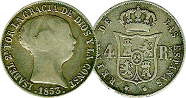 Spain 1, 2, and 4 Reales (no Pillars) 1851 to 1864