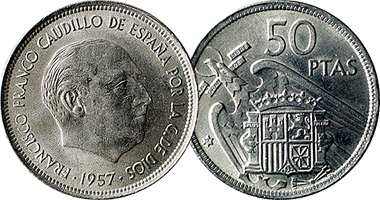 Coin Value Spain 5 25 and 50 Pesetas 1957