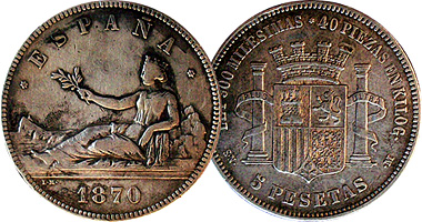 Spain 1, 2, and 5 Pesetas (Fakes are possible) 1869 and 1870