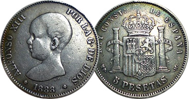Spain 50 Centimos and 1, 2, and 5 Pesetas (Fakes are possible) 1888 to 1892