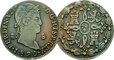 Spain 2, 4, and 8 Maravedis 1816 to 1836
