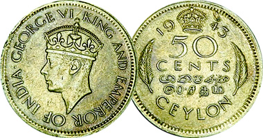 Ceylon Sri Lanka 25 and 50 Cents 1943 to 1951