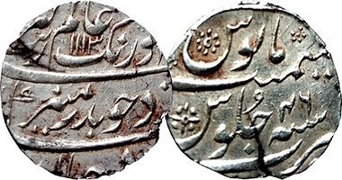 India Mughal Gold Mohur, Silver Rupee and 1/2 Rupee of Aurangzeb 1658 to 1707
