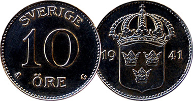 Sweden 10 Ore (Silver) 1909 to 1942