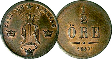Sweden Sweded 1/2 Ore 1856 to 1858