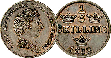 Sweden 1/6, 1/4 and 1/2 Skilling 1832 and 1833
