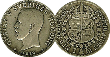 Sweden 1 Krona and 2 Kronor 1910 to 1942