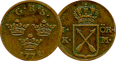 Sweden 1/2 and 1 Ore 1719 to 1772