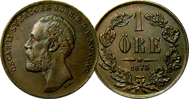 Sweden 1, 2, and 5 Ore 1873 to 1875