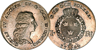 Sweden 1 Riksdaler and 1/6 Riksdaler 1792 to 1809