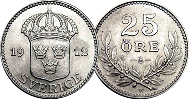 Sweden 25 and 50 Ore (Silver) 1910 to 1941