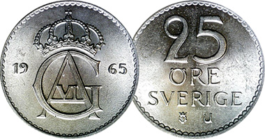 Sweden 10, 25, 50 Ore (Gustav VI) 1962 to 1973