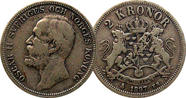 Sweden 1 Krona and 2 Kronor 1875 to 1907