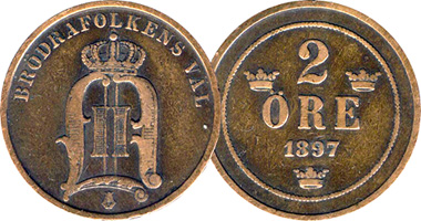 Sweden 1, 2, and 5 Ore 1874 to 1907