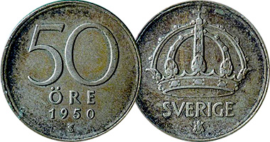 Sweden 10, 25, 50 Ore 1942 to 1950