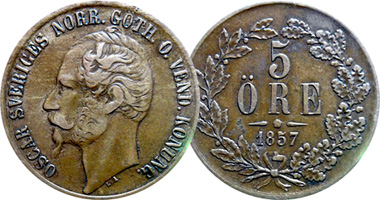 Sweden 1, 2, and 5 Ore 1856 to 1858