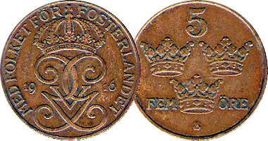 Sweden 1, 2, and 5 Ore 1909 to 1950