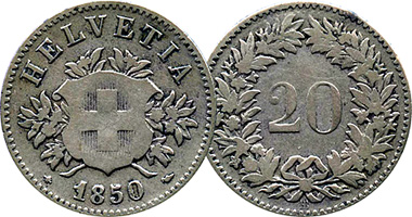 Switzerland 5, 10, and 20 Rappen 1850 to 1877