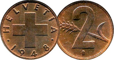 Switzerland 1 and 2 Rappen 1948 to 2006