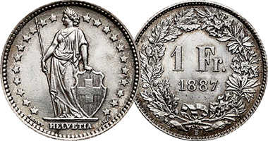 Switzerland 1/2, 1, and 2 Francs 1874 to Date