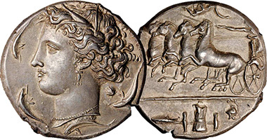 Ancient Greece Syracuse Sicily Drachm, Tetradrachm, Decadrachm with Fast Quadriga (Fakes are possible) 405BC to 367BC