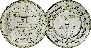 Tunisia 5, 10 & 50 Centimes and 1 & 2 Francs 1907 to 1921