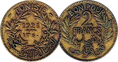 Tunisia 50 Centimes, 1 and 2 Francs 1921 to 1945