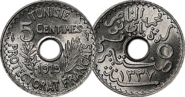 Tunisia 5, 10, 20, and 25 Centimes 1918 to 1945