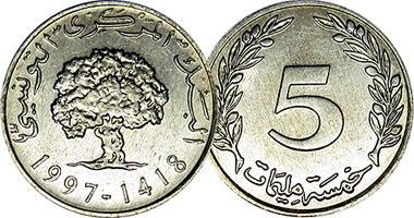 Tunisia 1, 2, and 5 Millim 1960 to 2005