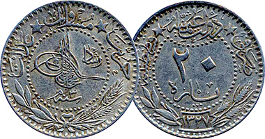 Turkey (Ottoman) 5, 10, 20, and 40 Para Muhammad V 1909 to 1915