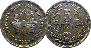 Uruguay 1, 2, 4, 5, 20, and 40 Centesimos 1840 to 1951