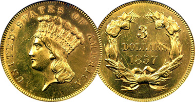 US 3 Dollar Gold Piece (Fakes are possible) 1854 to 1889